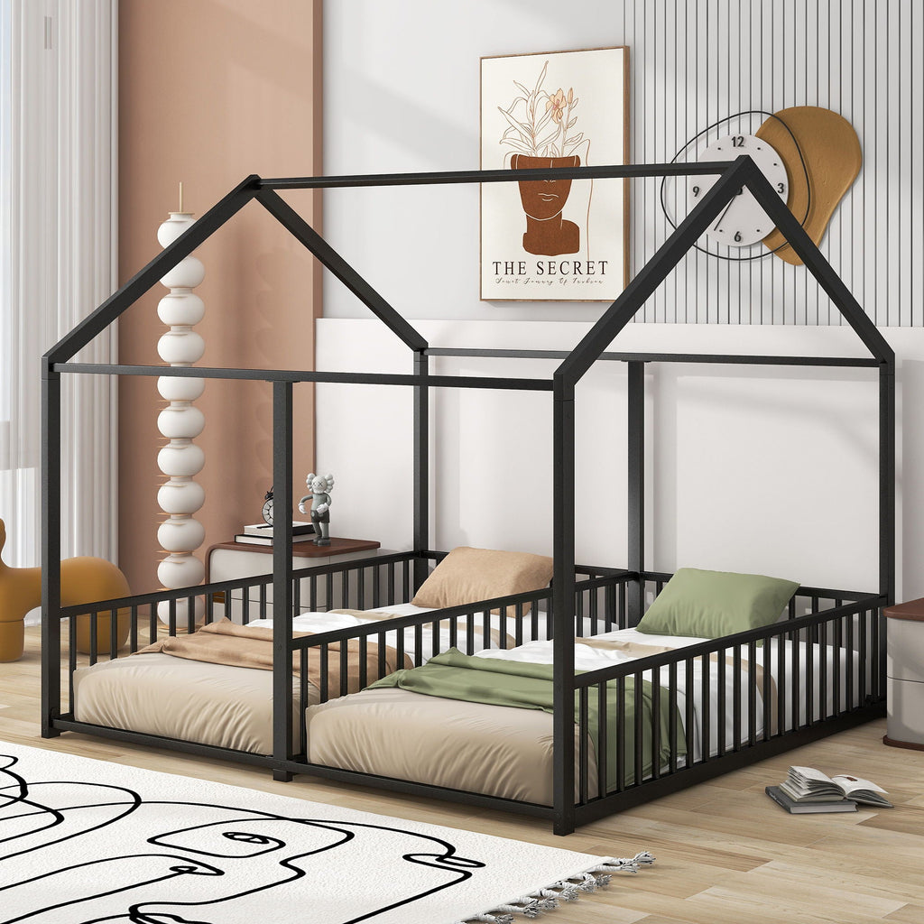 House Platform Beds, 2 Shared Beds, Metal Frame With Guardrails by Unique Piece Furniture