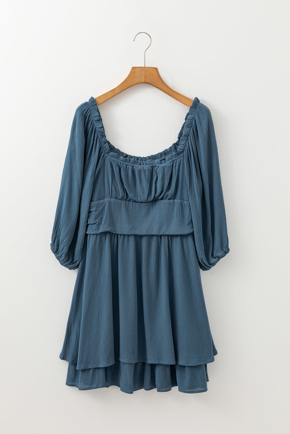 Real Teal Frilled Neckline 3/4 Sleeve Layered Ruched Mini Dress by Dear-Lover Dropshipping