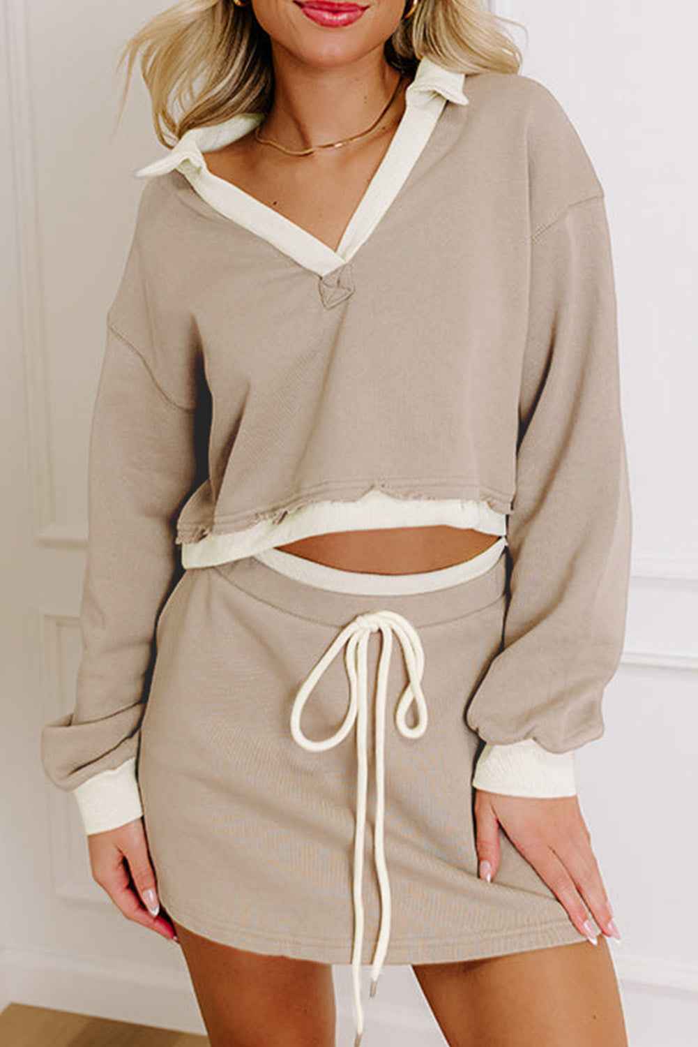 Parchment Raw Edge Detail Patchwork Cropped Pullover Drawstring Skirt Set by Wild and Free Boutique