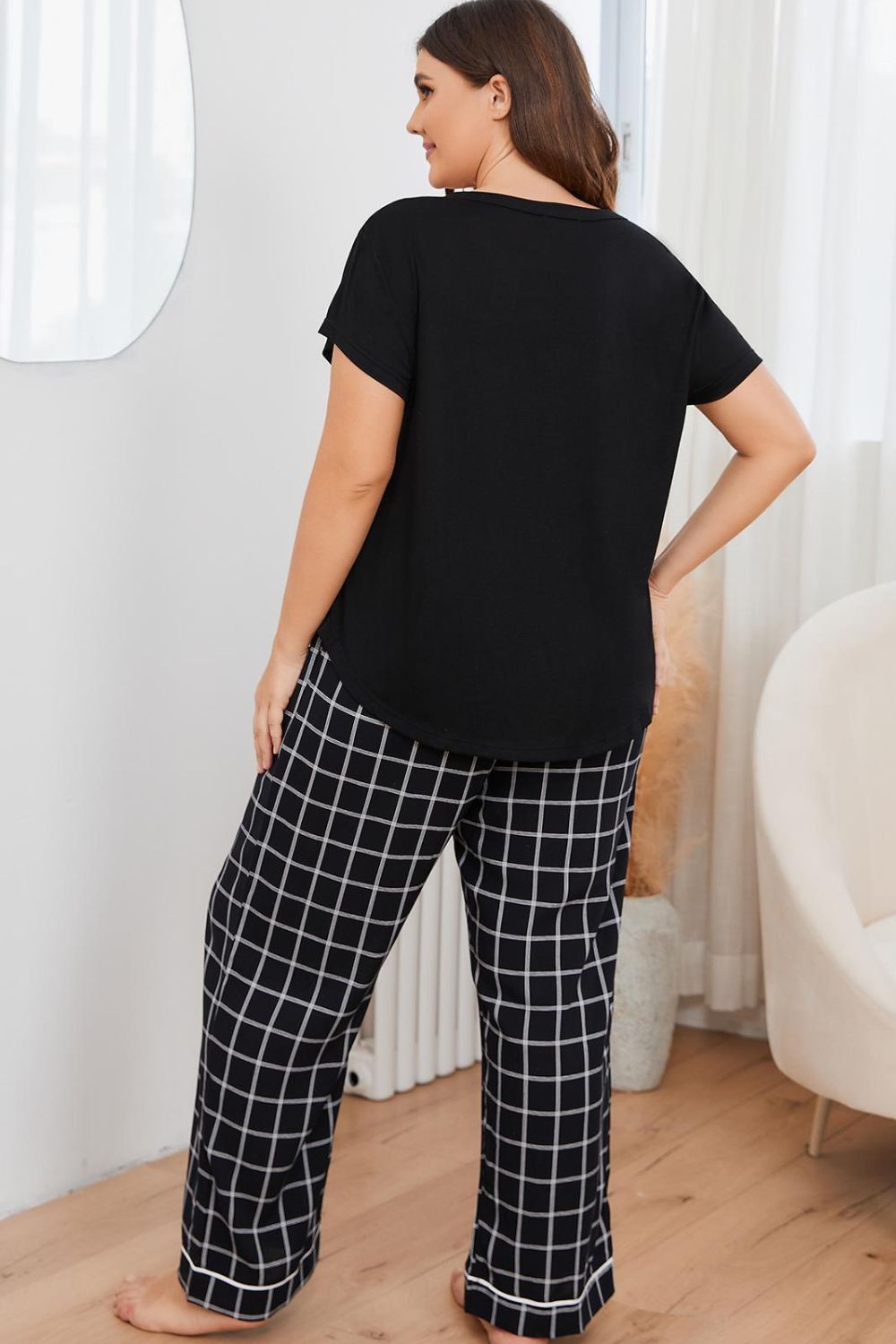 Plus Size V-Neck Top and Plaid Pants Lounge Set by Wild and Free Boutique