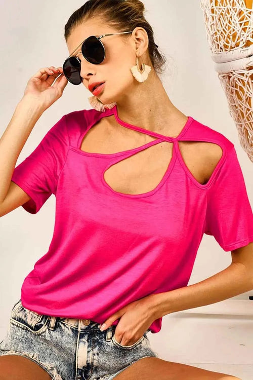 BiBi Cutout Asymmetrical Neck Short Sleeve T-Shirt by Wild and Free Boutique