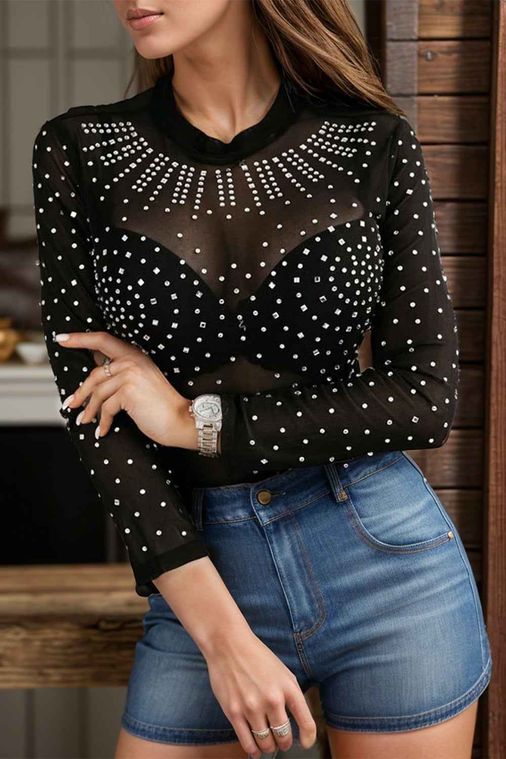 Rhinestone Trim Mock Neck Long Sleeve Bodysuit by Wild and Free Boutique