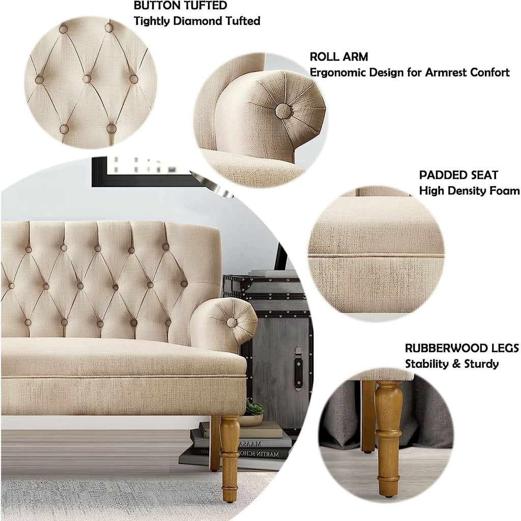 Warm Beige Tufted Linen Love Seat For Small Spaces by ShipItFurniture