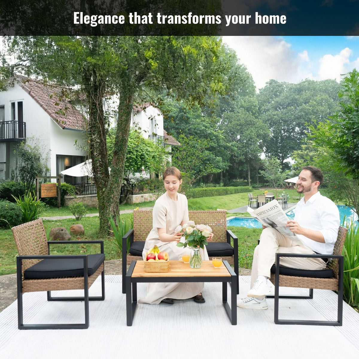 4 Piece Patio Furniture Set With Acacia Wood Table Top And Cushions by Unique Piece Furniture