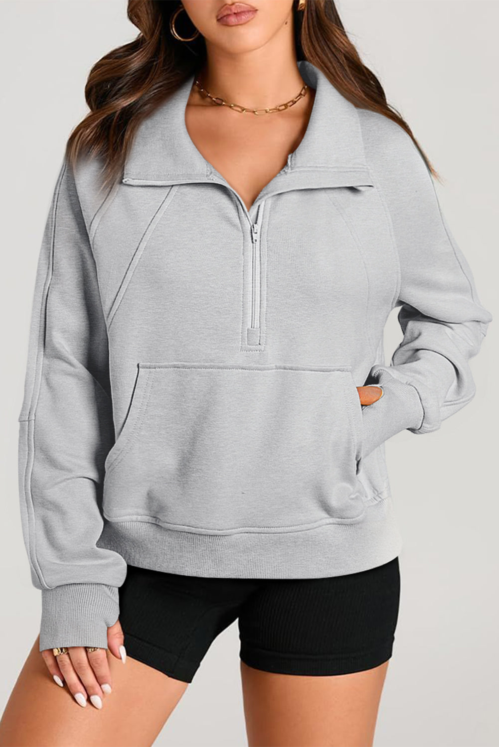 Smoke Green Quarter Zip Stand Neck Kangaroo Pocket Sweatshirt by Wild and Free Boutique