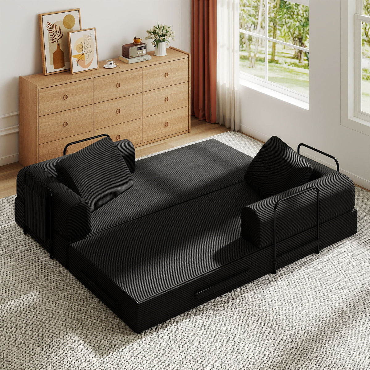 Convertible Sleeper Sofa Bed With Cylindrical Pillow, Fixed Shape Frame by Unique Piece Furniture