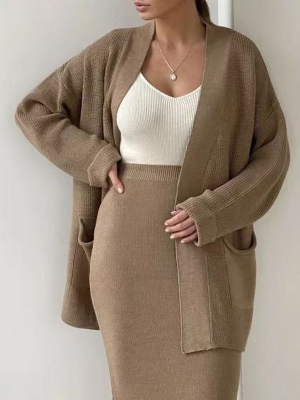 Pocketed Long Sleeve Cardigan and Skirt Sweater Set by Wild and Free Boutique