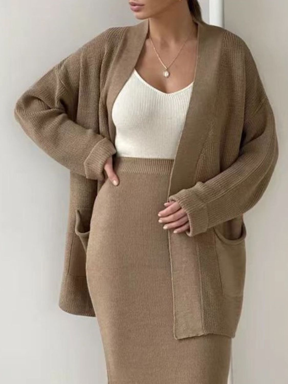 Pocketed Long Sleeve Cardigan and Skirt Sweater Set by Wild and Free Boutique