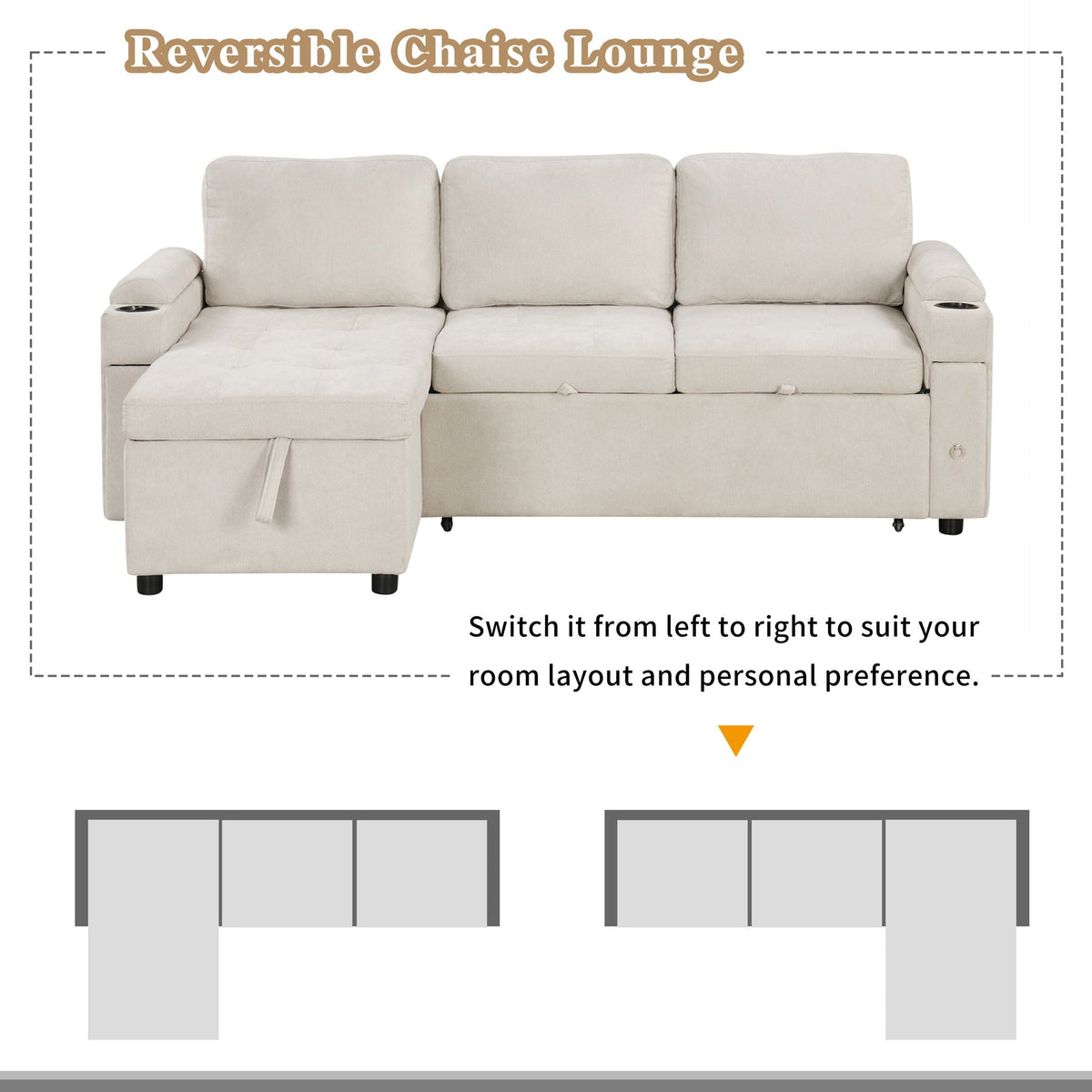Convertible L Shaped Sofa Couch With Storage, Cup Holders, USB Ports by Unique Piece Furniture