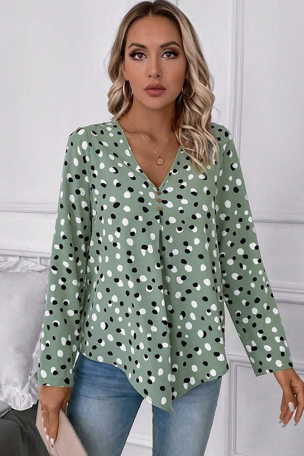 Green Polka Dot Print Button Front V Neck Blouse by Wild and Free Boutique