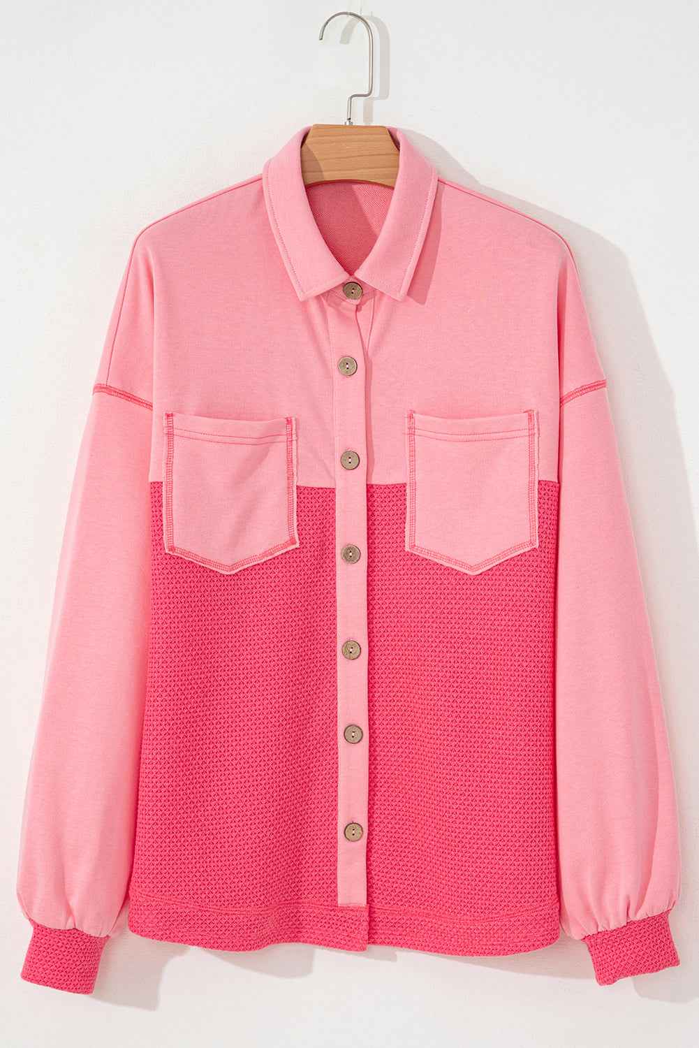 Peach Blossom Two Tone Contrast Waffle Knit Buttoned Loose Shacket by Wild and Free Boutique