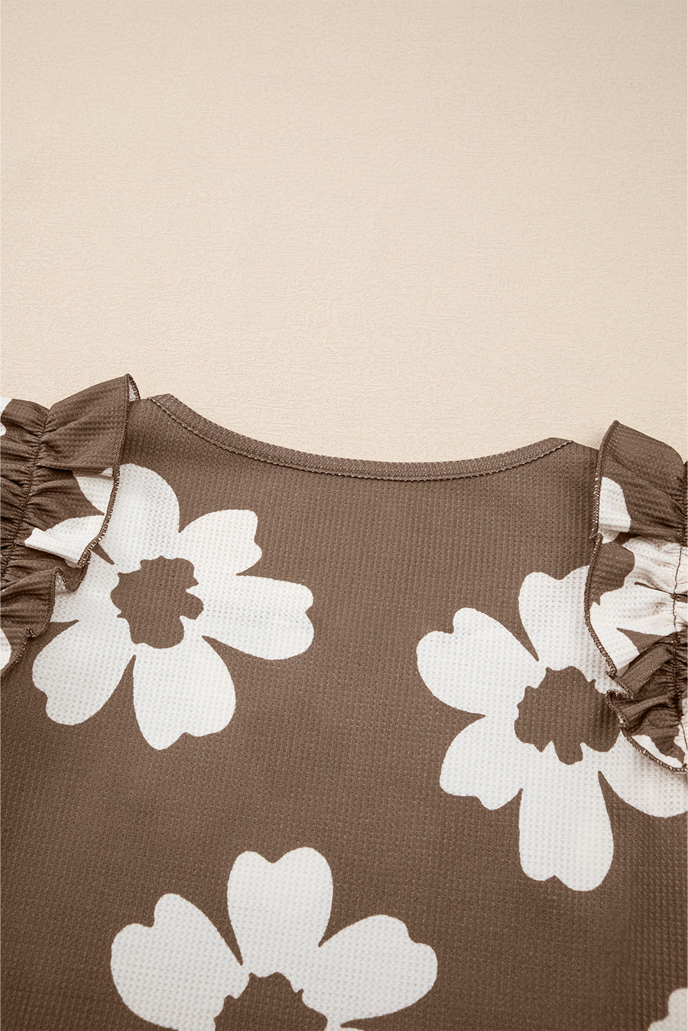 Brown Floral Textured Ruffled Short Sleeve Square Neck Blouse by Wild and Free Boutique