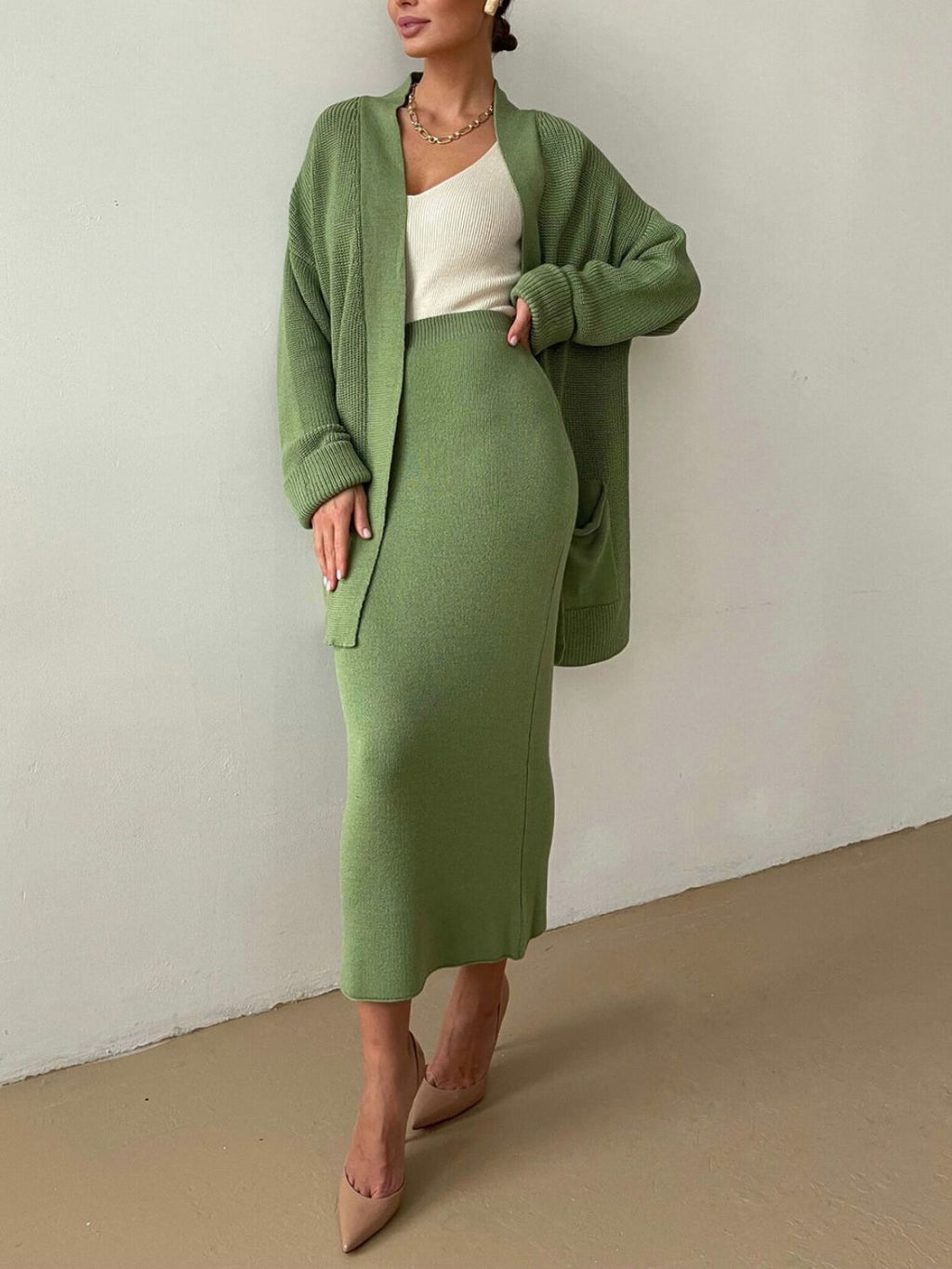 Pocketed Long Sleeve Cardigan and Skirt Sweater Set by Wild and Free Boutique