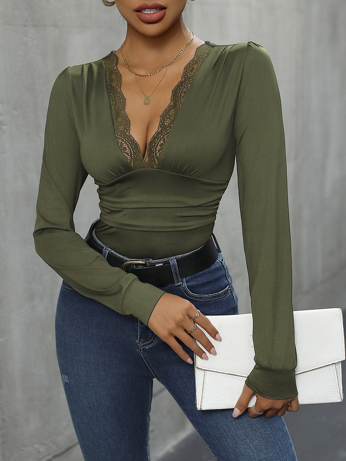 Perfee Lace Detail Plunge Long Sleeve Bodysuit by Wild and Free Boutique