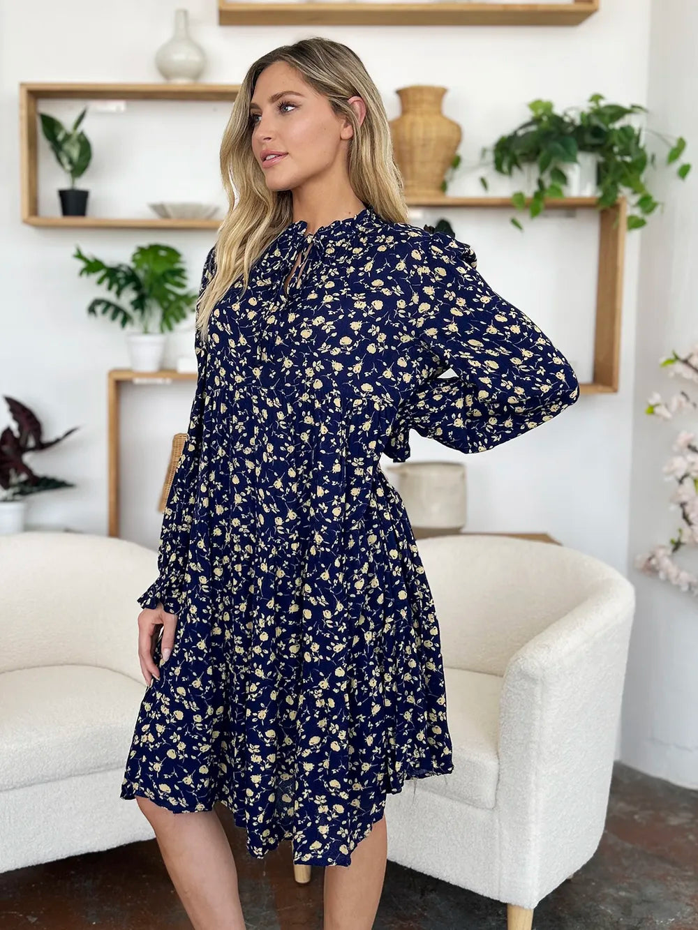 Double Take Full Size Printed Ruffle Hem Long Sleeve Tiered Dress by Wild and Free Boutique