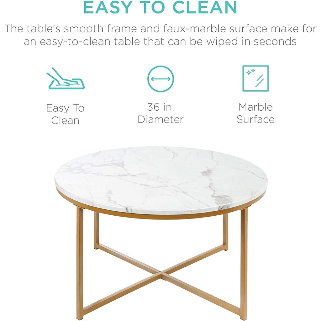 Round Coffee Table With Faux Marble Top Cross Leg Design by ShipItFurniture