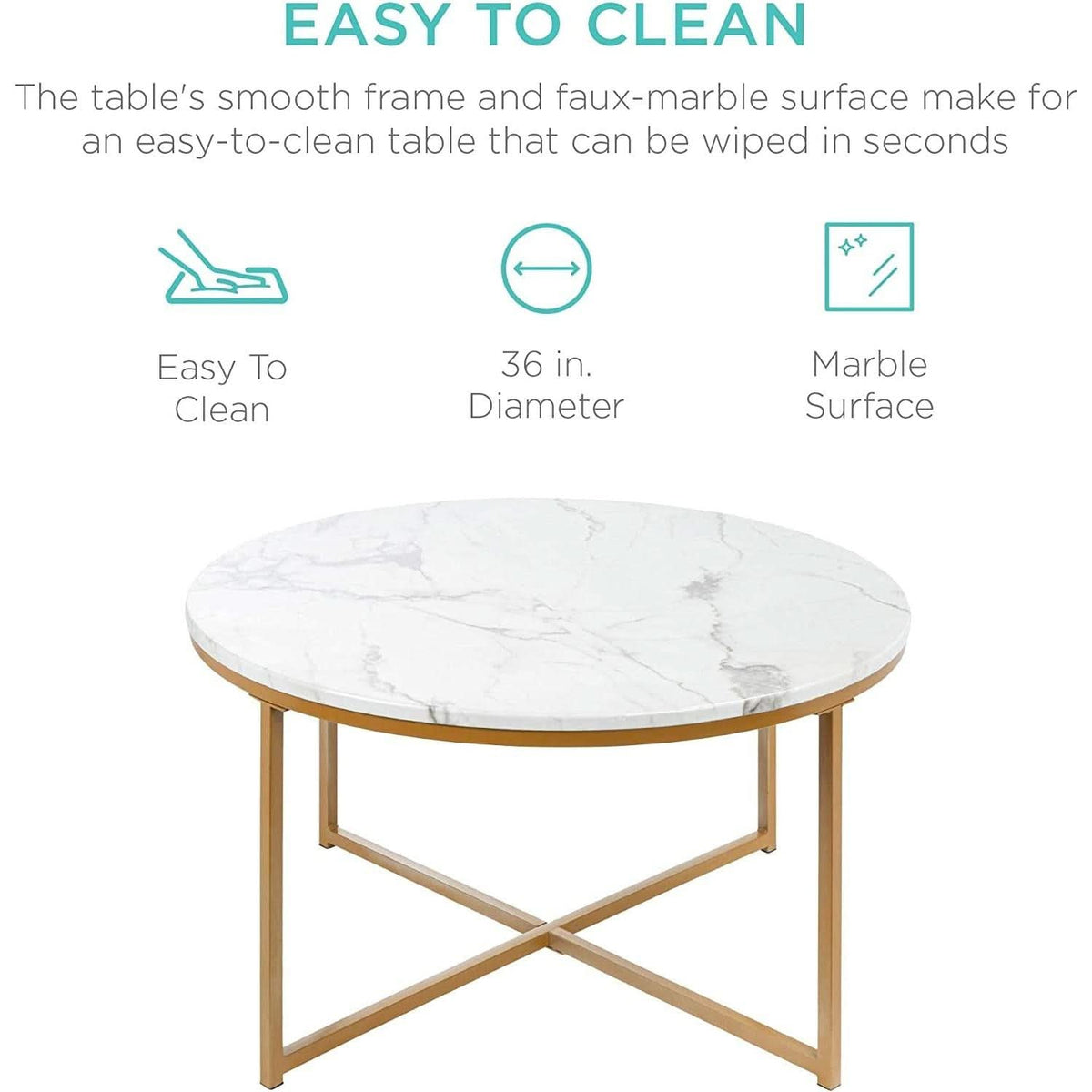 Round Coffee Table With Faux Marble Top Cross Leg Design by ShipItFurniture