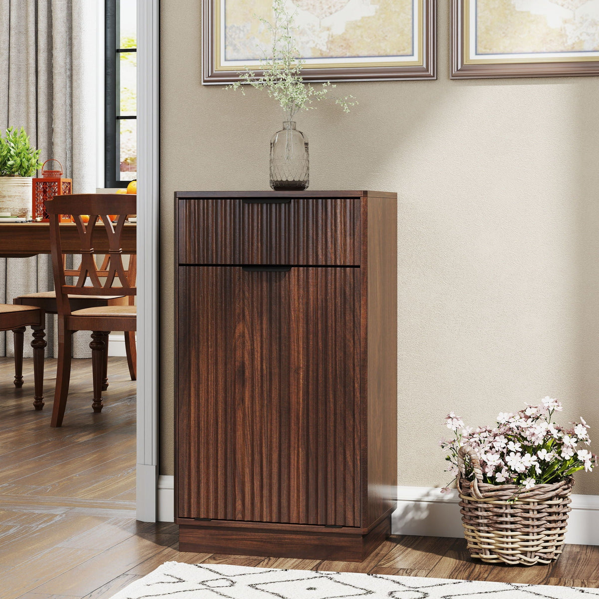 Tilt Out Trash Can Cabinet With Wave Textured Drawer & Pull Out Bin by Unique Piece Furniture