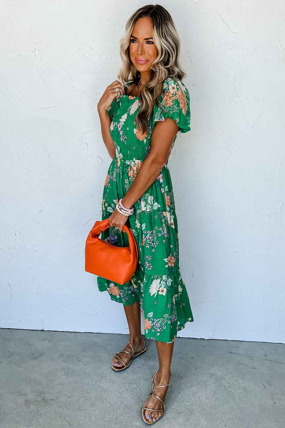 Green Floral Print Bubble Sleeve Smocked Tiered Midi Dress by Dear-Lover Dropshipping