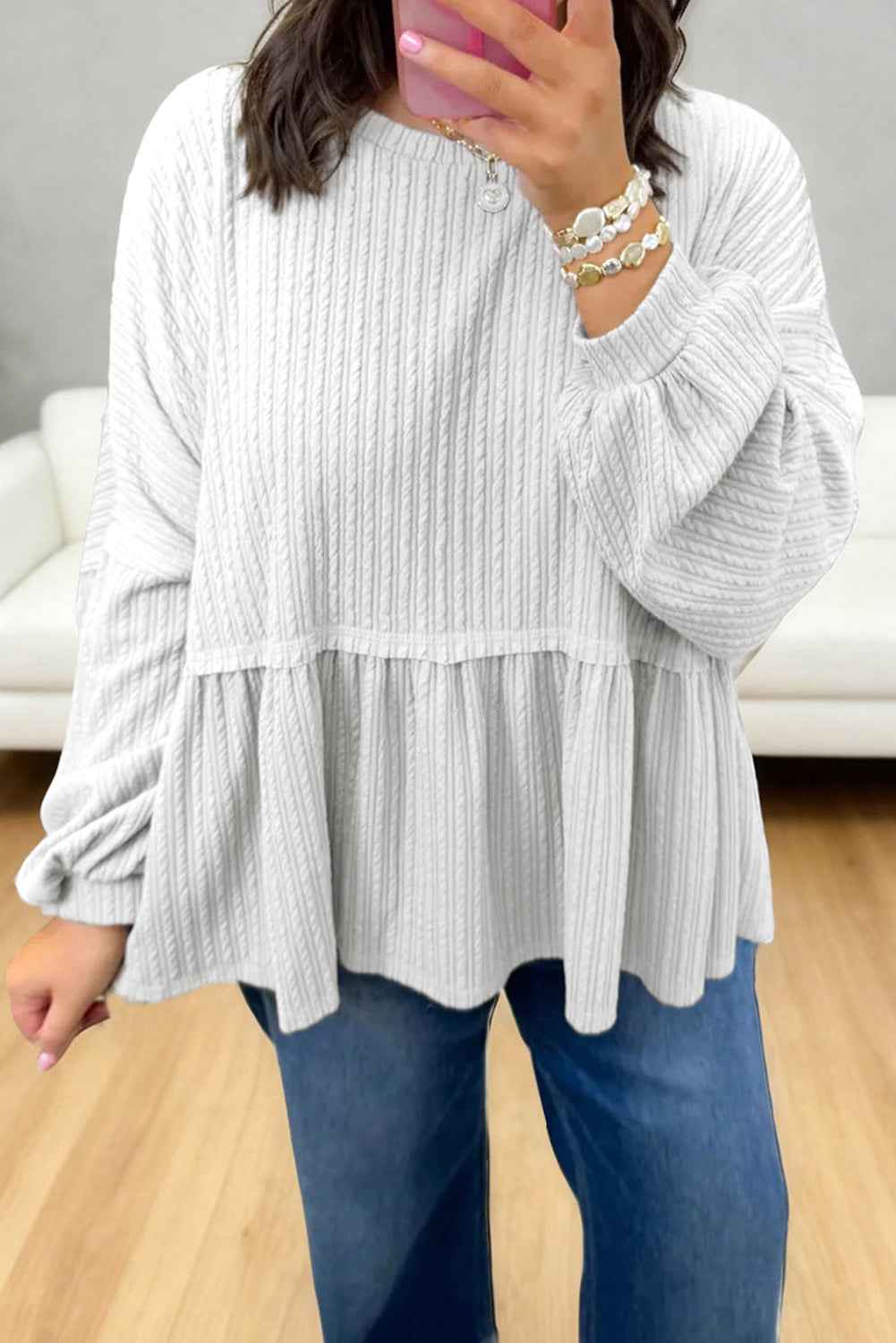 White Solid Color Textured Drop Shoulder Long Sleeve Peplum Top by Wild and Free Boutique