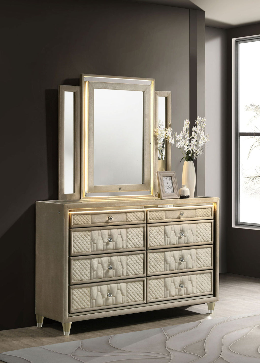 Lorient 8-drawer LED Dresser with Mirror Ivory and Camel by Unique Piece Furniture