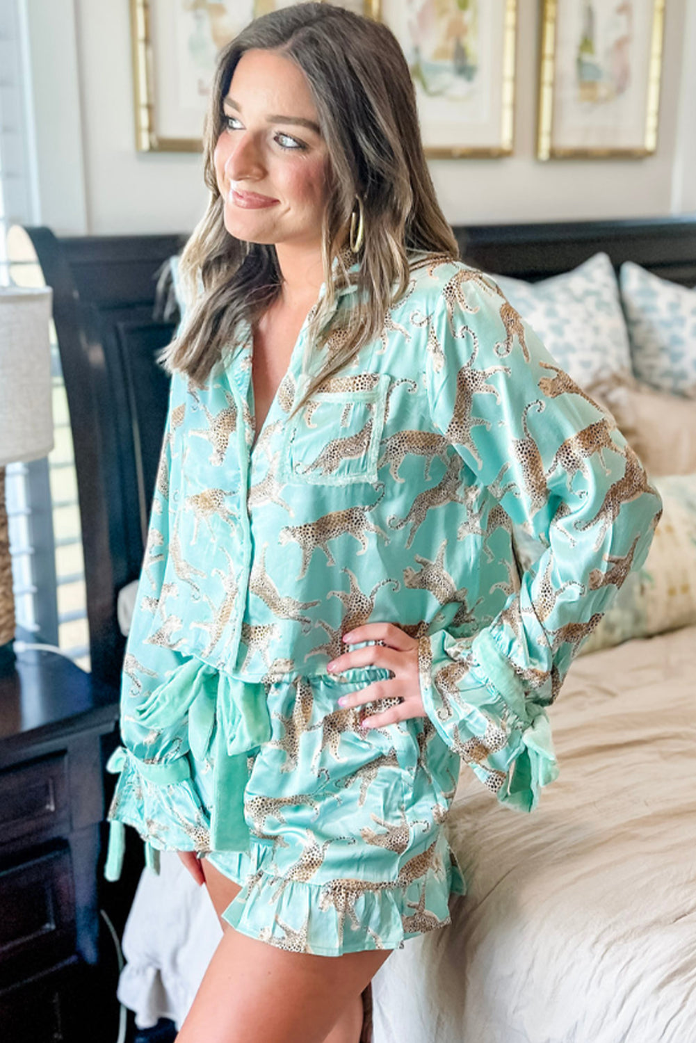Green Leopard Satin Ruffle Pajama Short Set by Dear-Lover Dropshipping