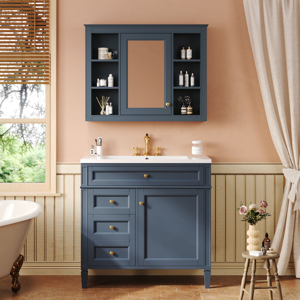Bathroom Vanity With Mirror Cabinet, Single Sink With 2 Soft Closing Doors And 4 Drawers by Unique Piece Furniture