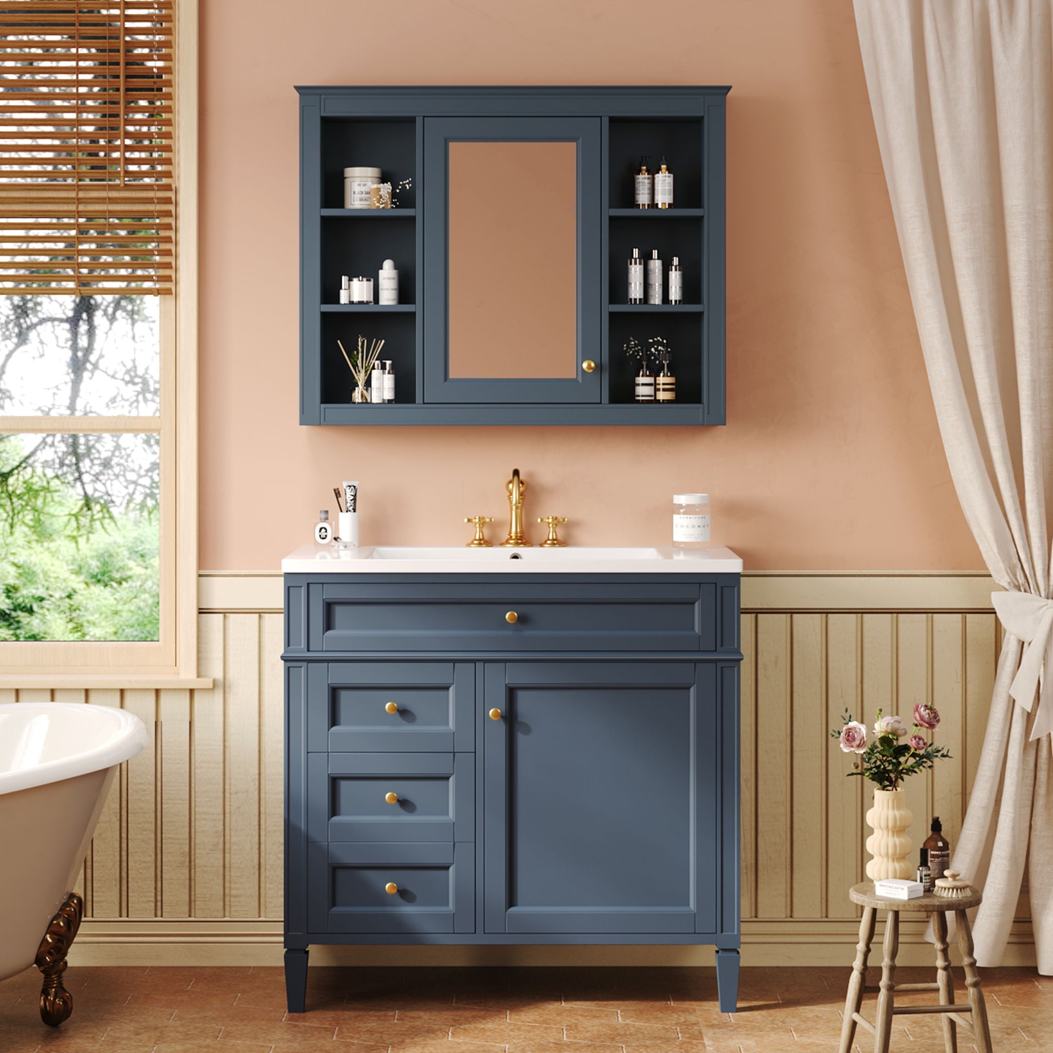 Bathroom Vanity With Mirror Cabinet, Single Sink With 2 Soft Closing Doors And 4 Drawers by Unique Piece Furniture