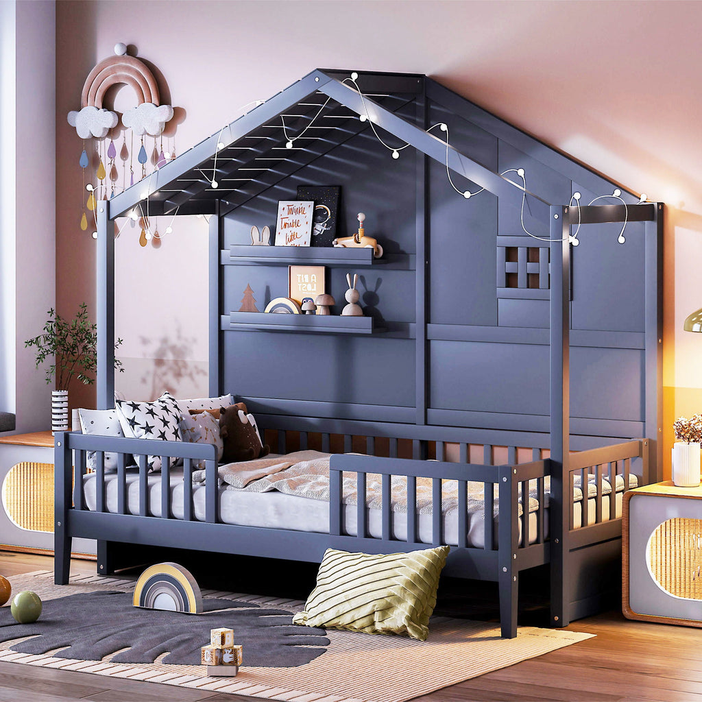 House Bed With Shelves, Window And Sparkling Light Strip On The Roof by Unique Piece Furniture