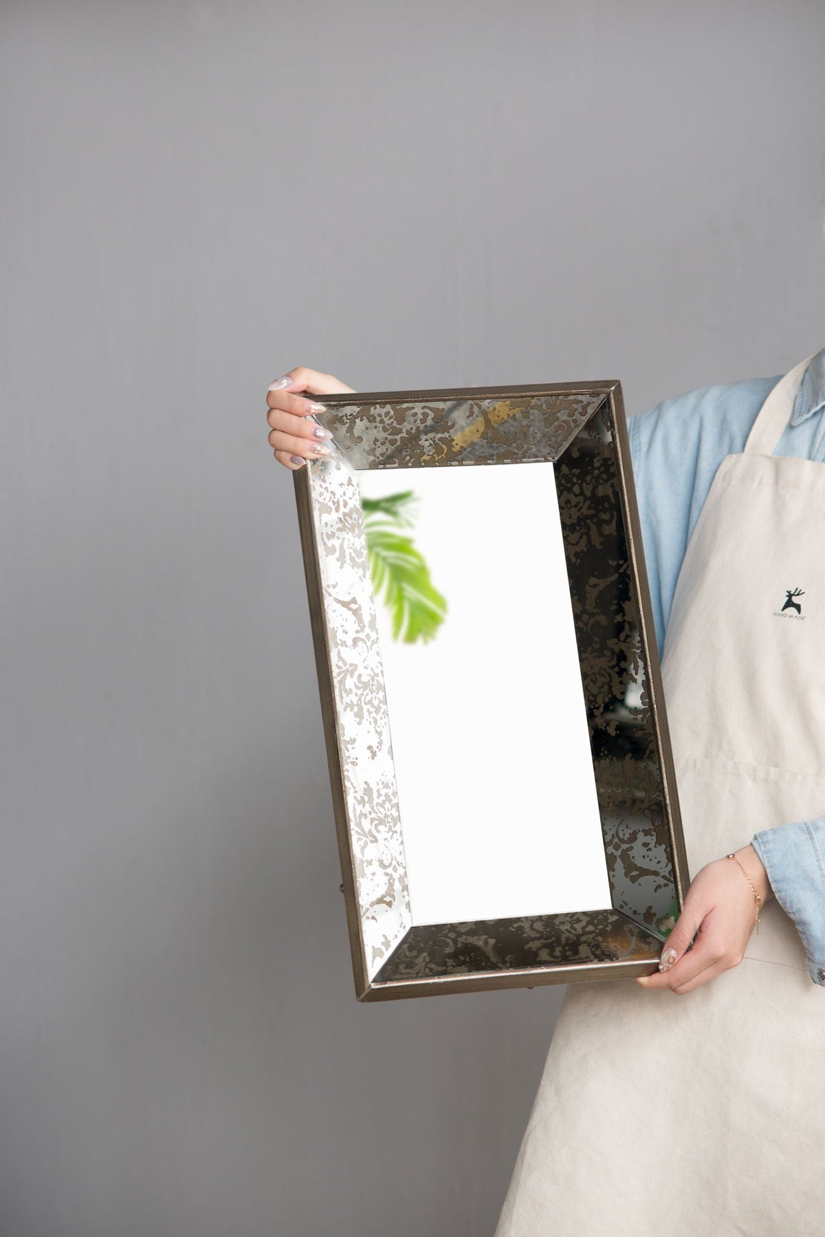 Antique Rectangle Mirror With Floral Accents, Mirrored Display Tray, Hanging Wall Mirror by Unique Piece Furniture