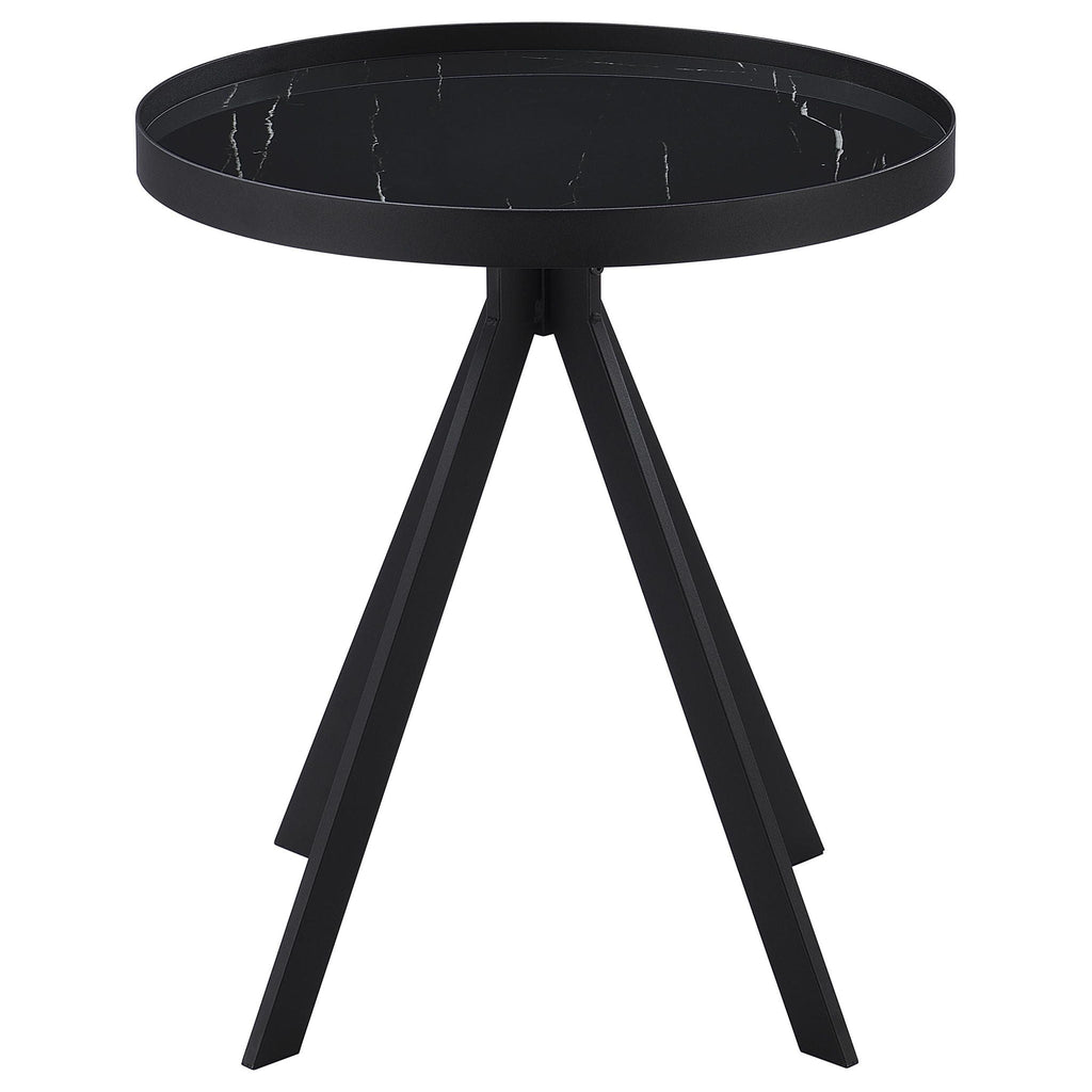 Briggs Round Marble Printed Glass Top End Table Black by Unique Piece Furniture