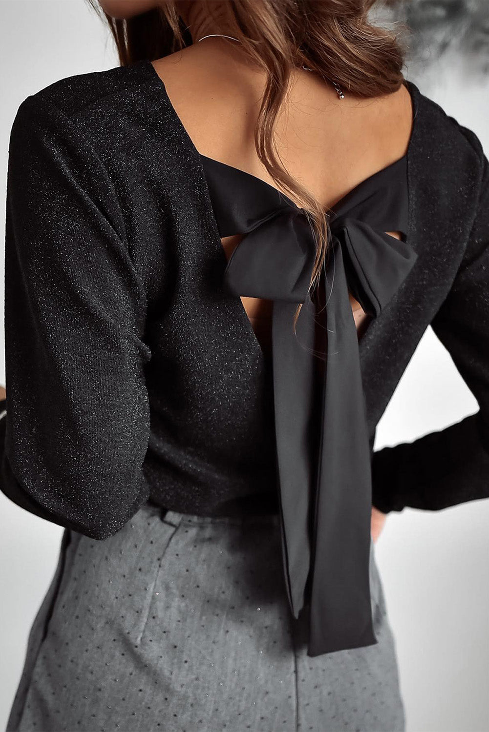 Black Metallic Bowknot Open Back V Neck Top by Dear-Lover Dropshipping
