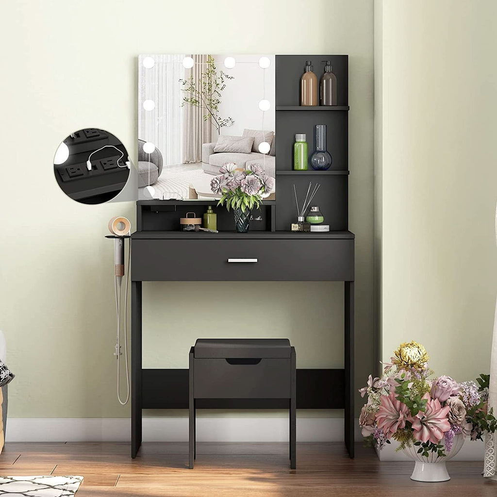 Black Makeup Vanity Table With Lighted Mirror And USB Ports by ShipItFurniture