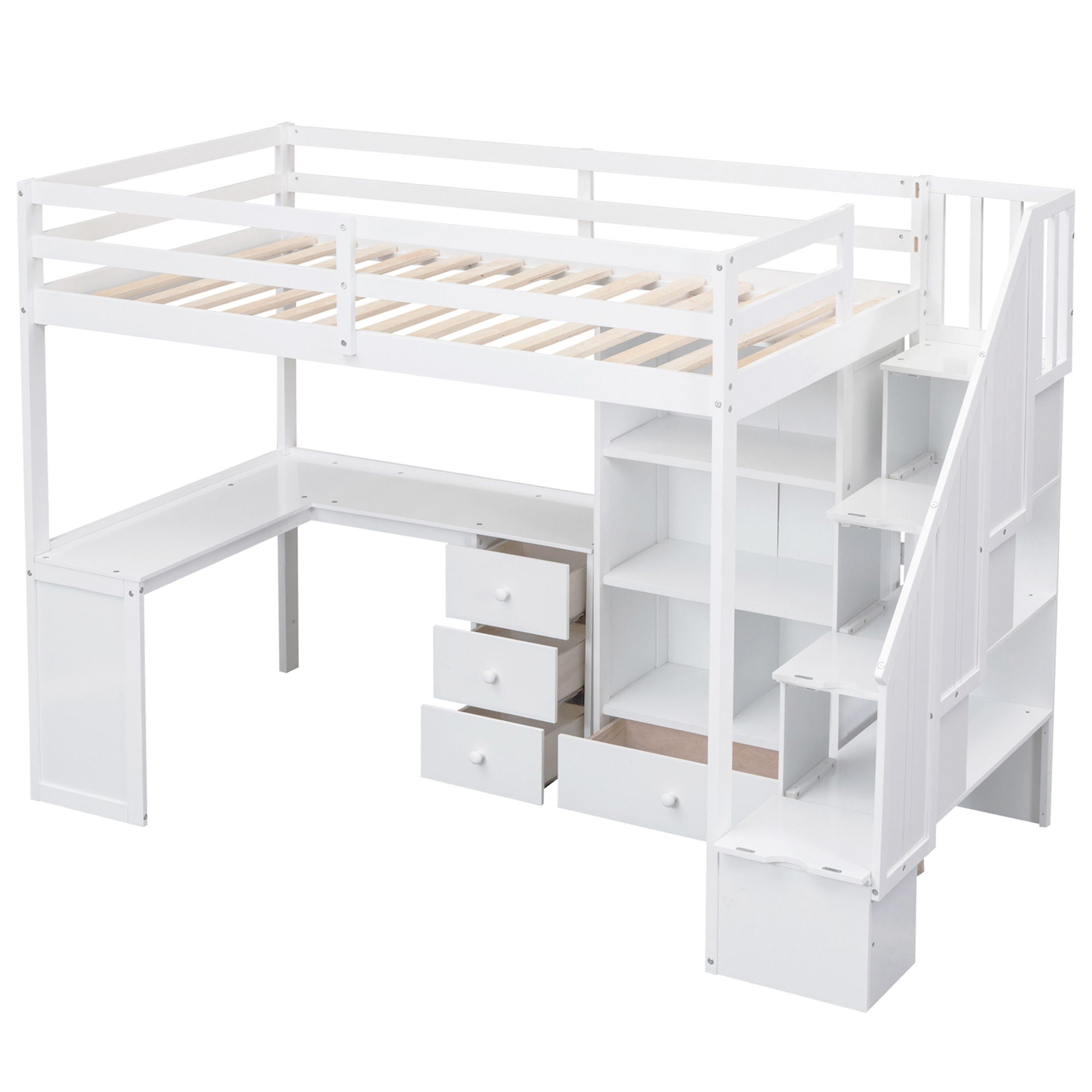 Loft Bed With L Shaped Desk, Drawers, Cabinet, And Storage Staircase by Unique Piece Furniture
