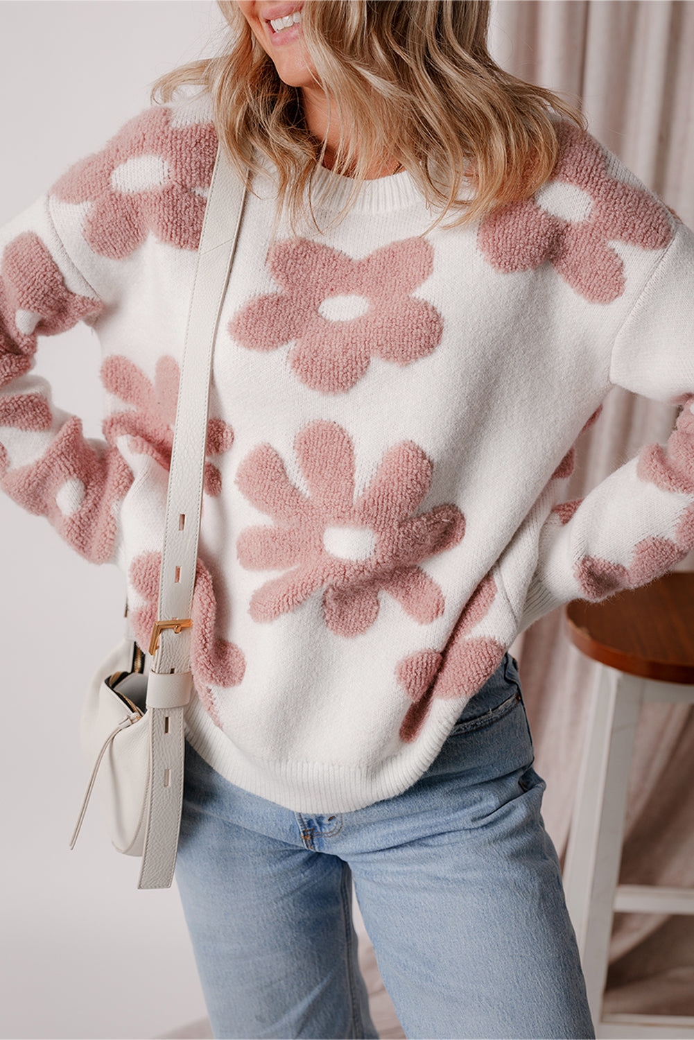 White Textured Flower Drop Shoulder Loose Sweater by Wild and Free Boutique