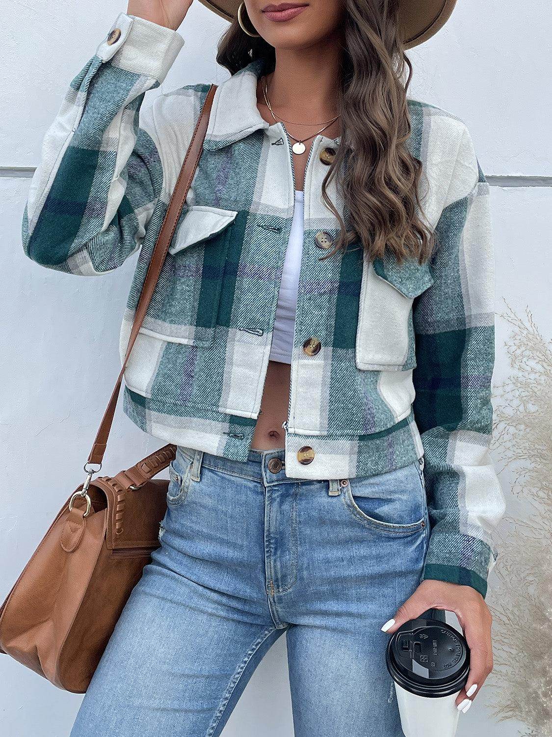 Perfee Plaid Button Up Drop Shoulder Cropped Jacket for Women by Selvanelle
