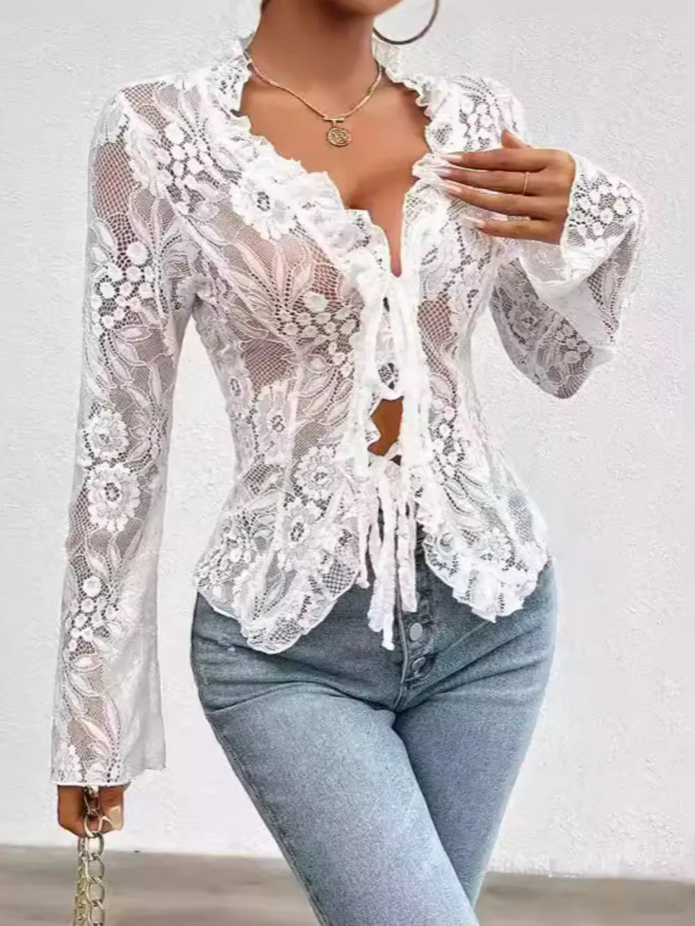 Tied V-Neck Long Sleeve Lace Top by Wild and Free Boutique
