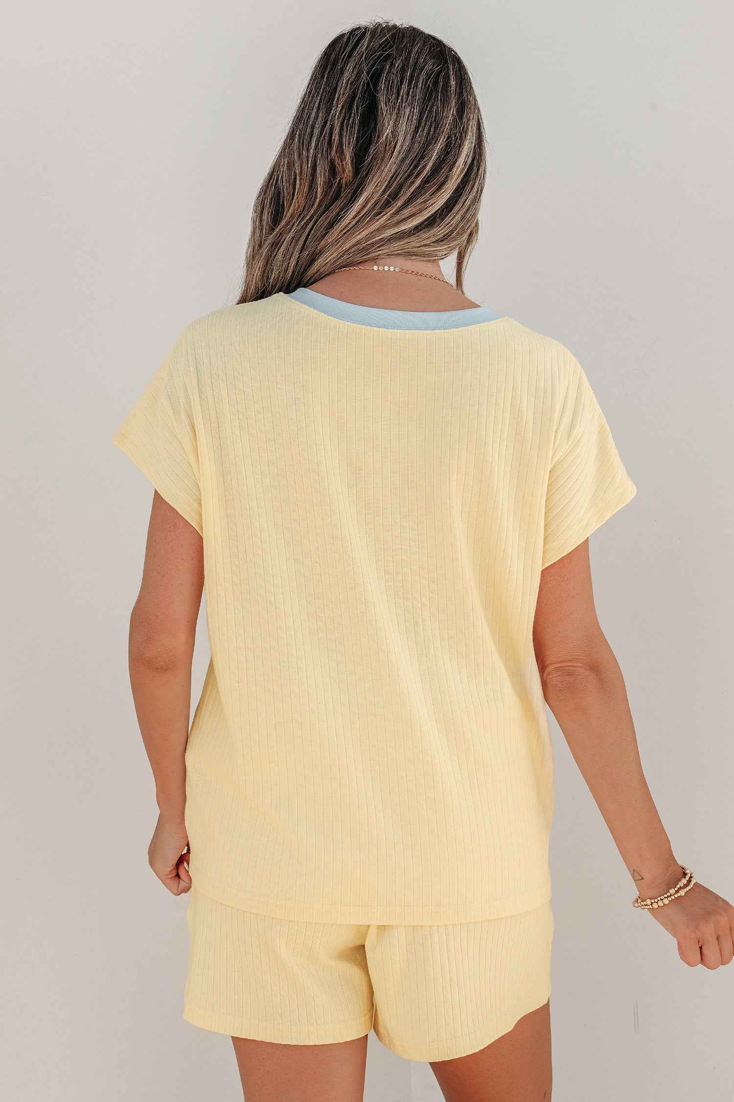 Clearly Aqua Soft Ribbed Color Block Trim Casual Short Set by Dear-Lover Dropshipping