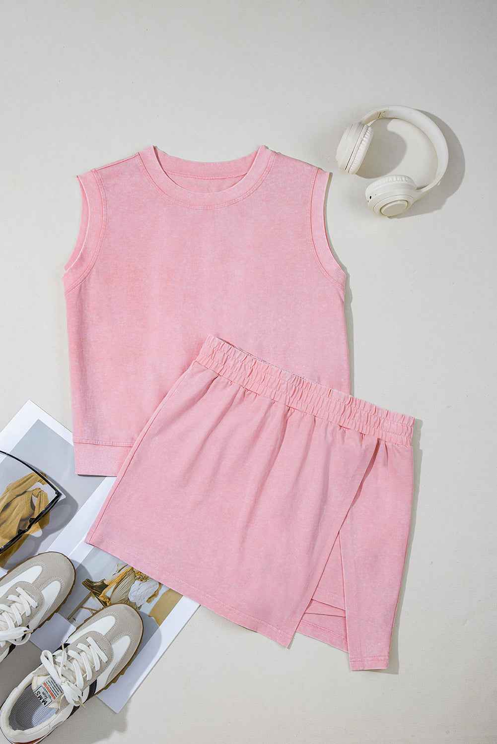 Light Pink 2 Pieces Mineral Wash Cotton Tank Top Lined Split Skirt Set by Wild and Free Boutique