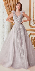 Cinderella Divine B704 Feathered Shoulder Tulle A-Line Ball Gown by DiscountDressShop