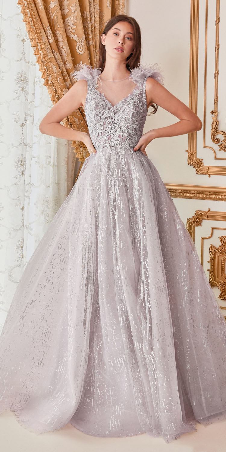 Cinderella Divine B704 Feathered Shoulder Tulle A-Line Ball Gown by DiscountDressShop