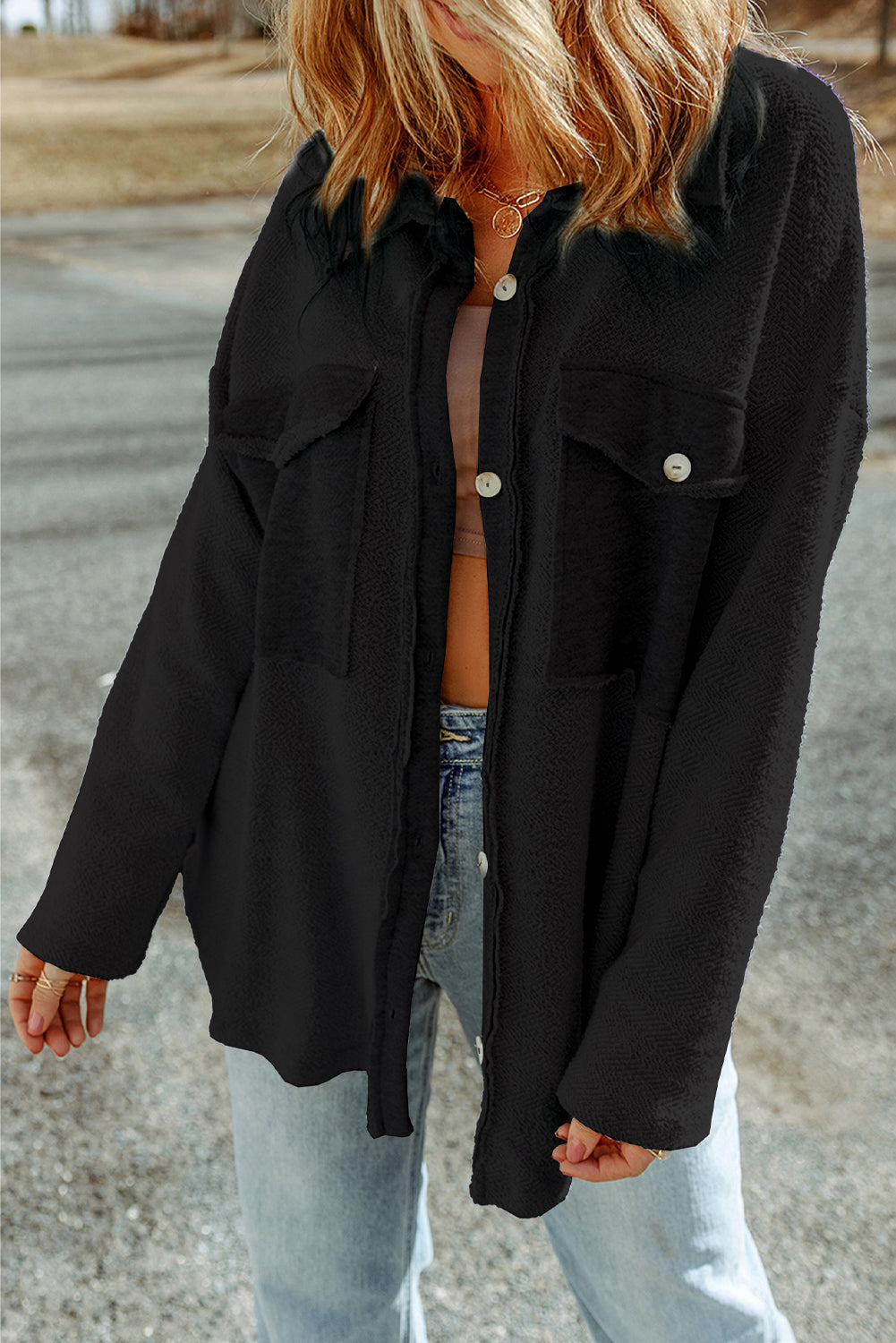 Black Contrast Flap Pockets Relaxed Shacket by Wild and Free Boutique