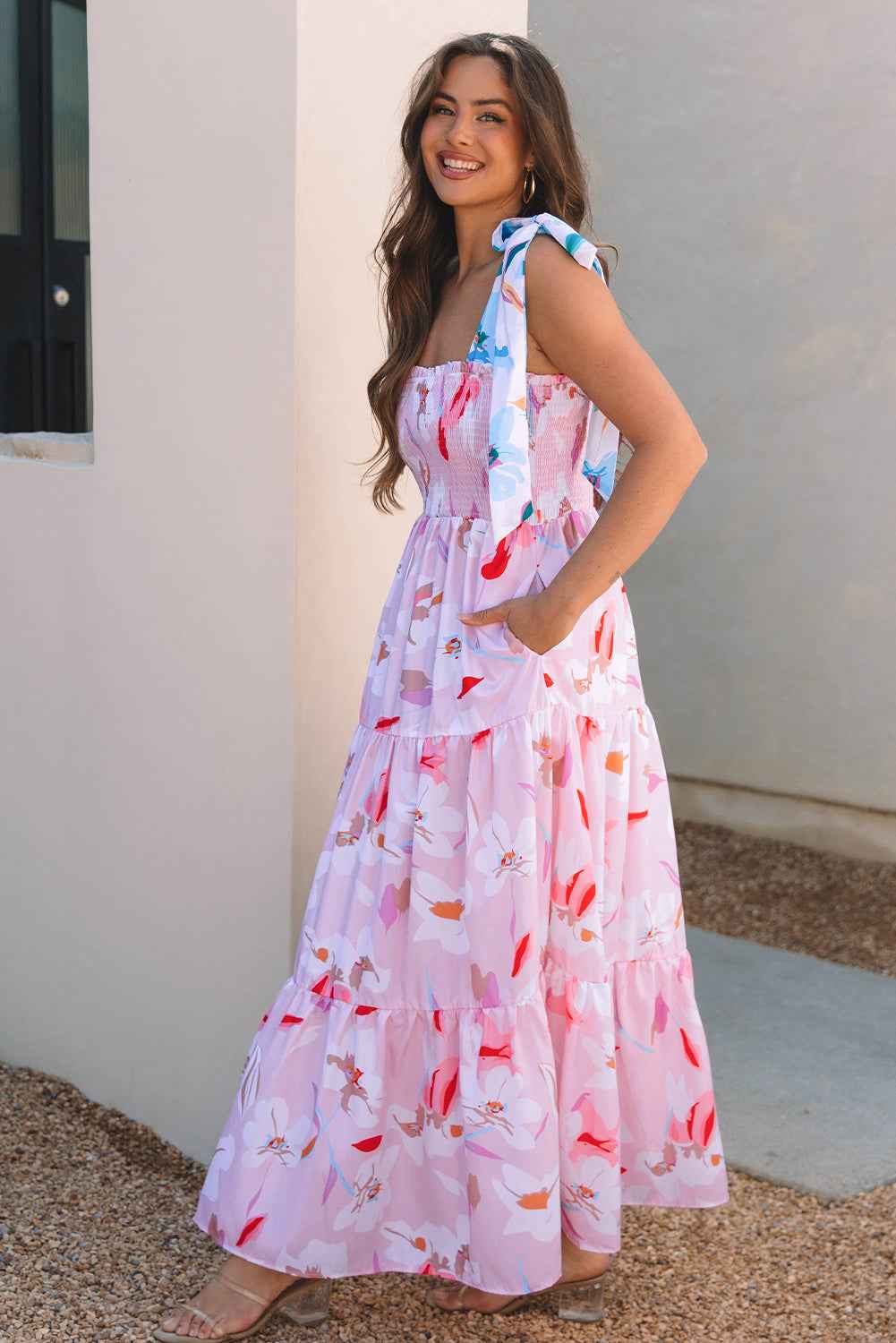 Pink Floral Print Knotted Shoulder Smocked Maxi Dress by Dear-Lover Dropshipping