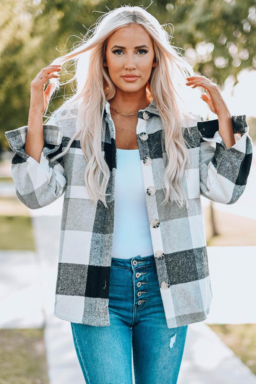 Plaid Button Up Dropped Shoulder Jacket for Women Stylish by Selvanelle
