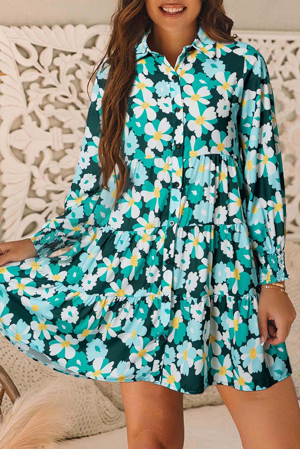 Green Floral Tiered Long Puff Sleeve Shirt Dress by Wild and Free Boutique