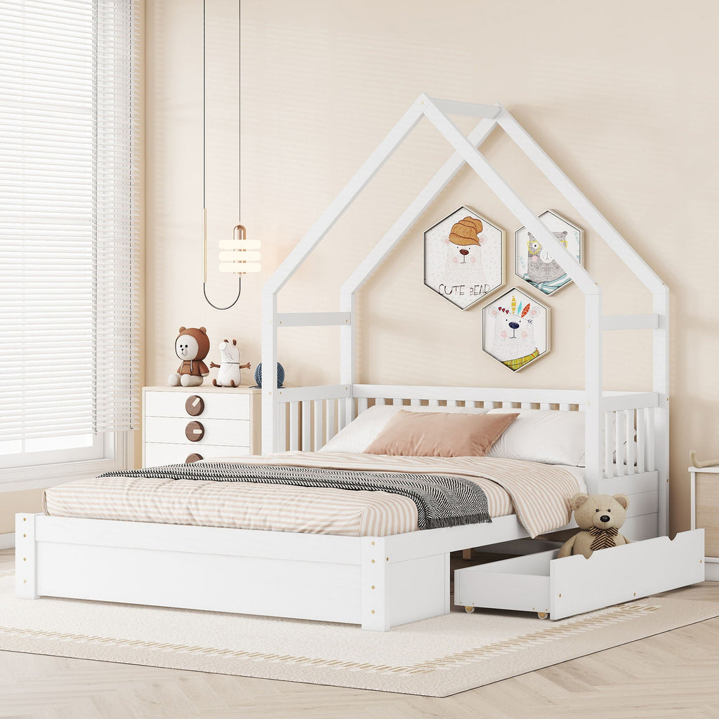 House Style Platform Bed With Guardrail And 2 Drawers by Unique Piece Furniture