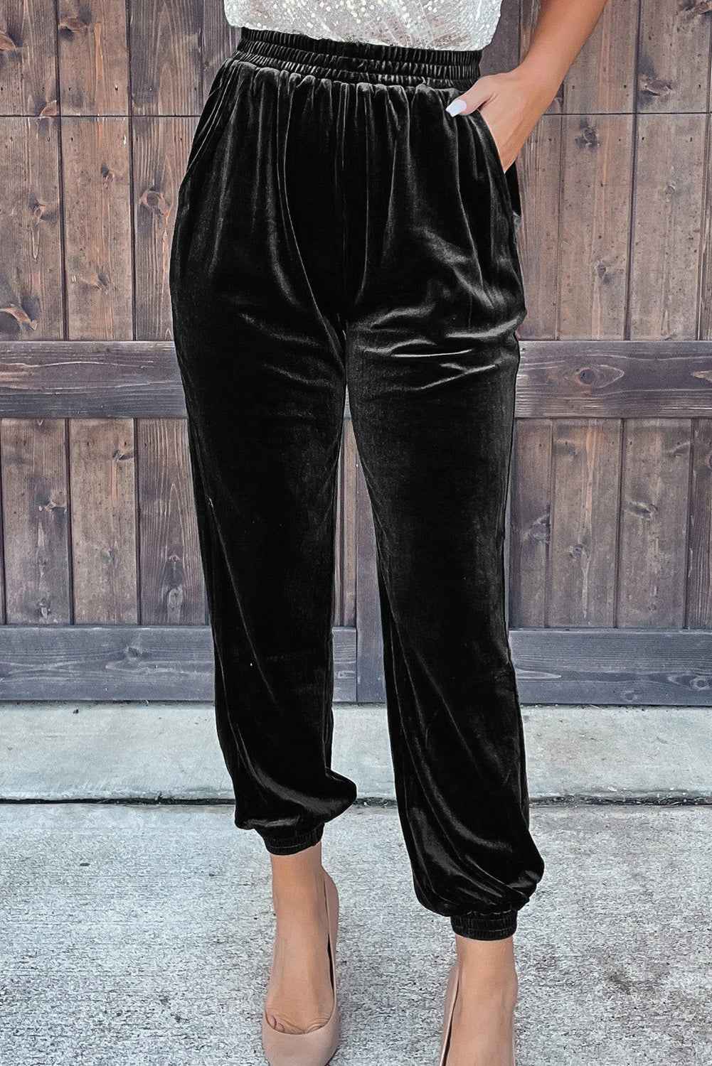 Black Solid Velvet Jogger Pants by Dear-Lover Dropshipping