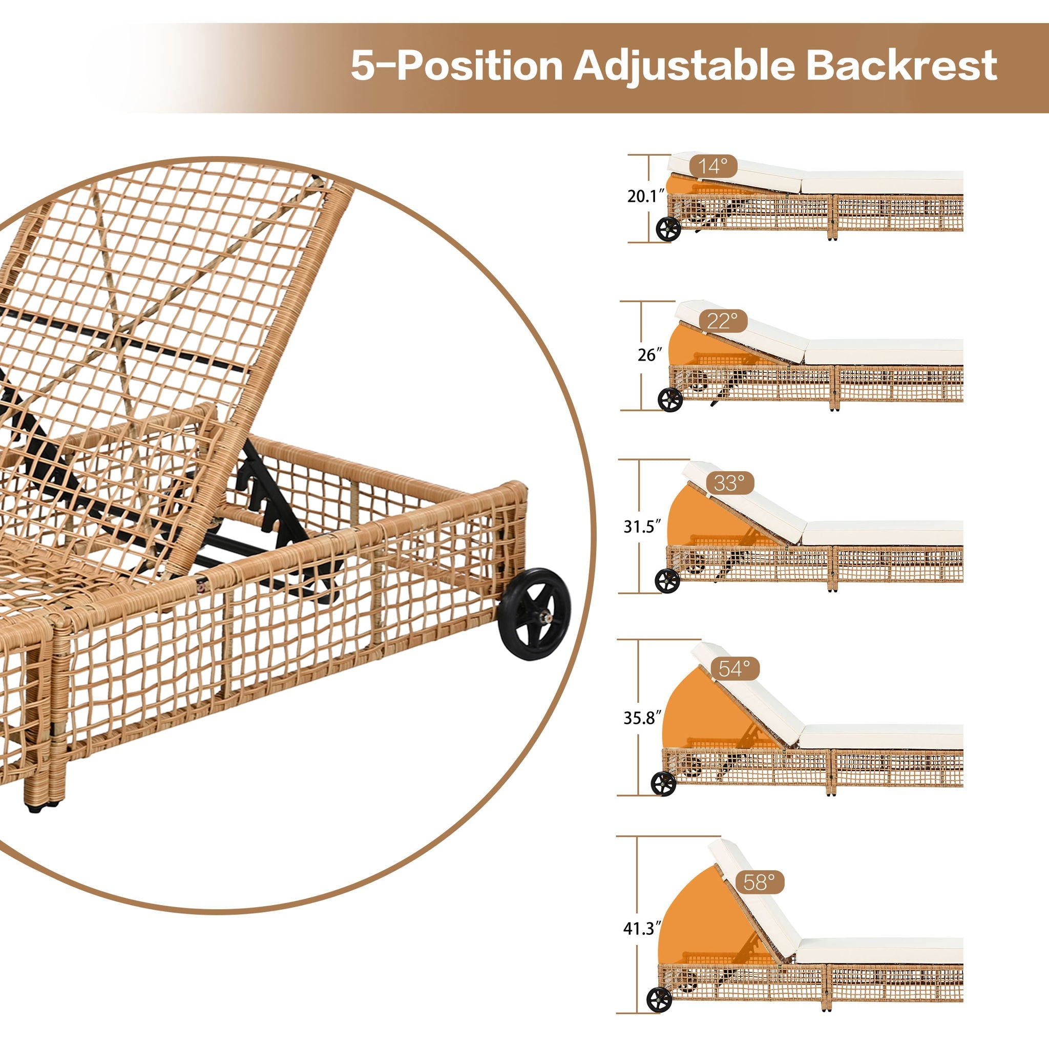 Outdoor Lounge Chair With 5 Position Backrest With Cushion And Wheels by Unique Piece Furniture