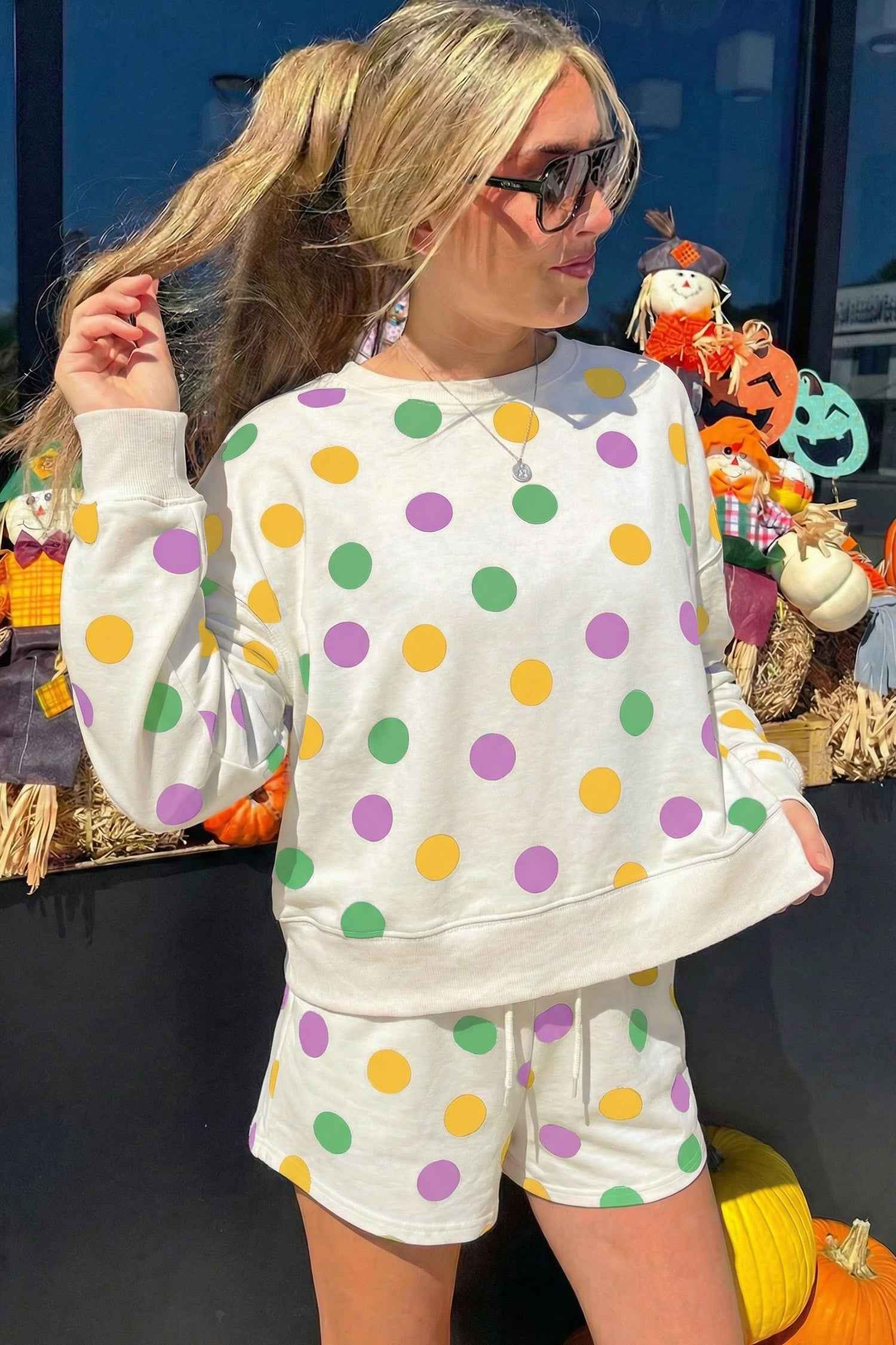 Multicolour Polka Dot Print Drop Shoulder Pullover Drawstring Shorts Set by Dear-Lover Dropshipping