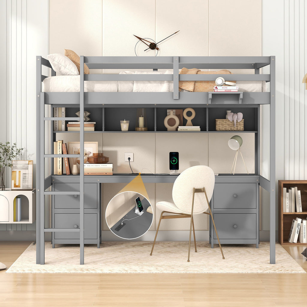 Loft Bed With Desk, Cabinets, Drawers, Charging Station And Bedside Tray by Unique Piece Furniture